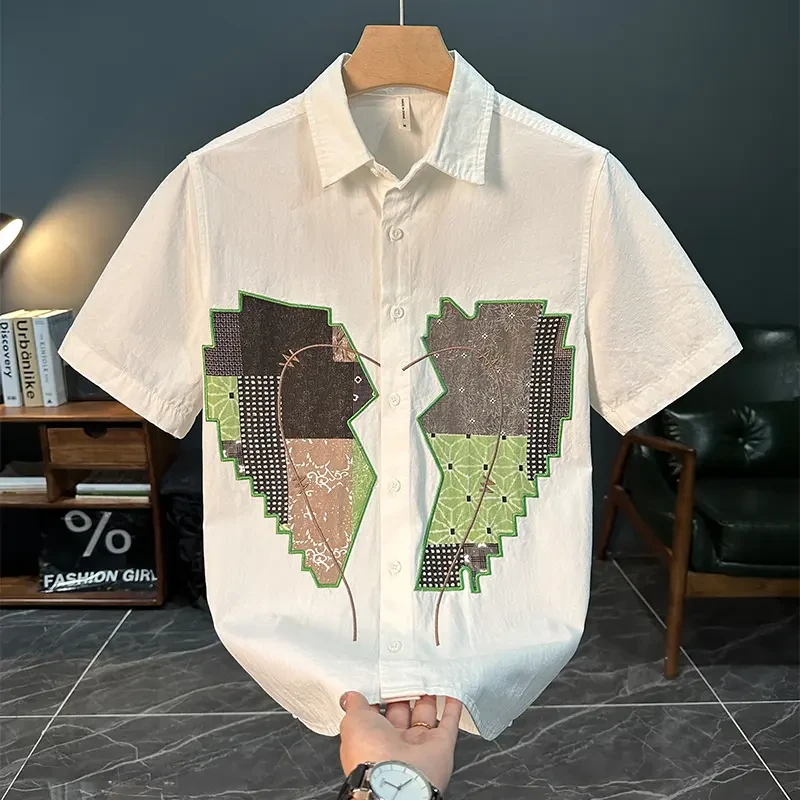 100%纯棉夏季新款宽松短袖男士文艺百搭休闲心形印花上衣时尚潮衫
