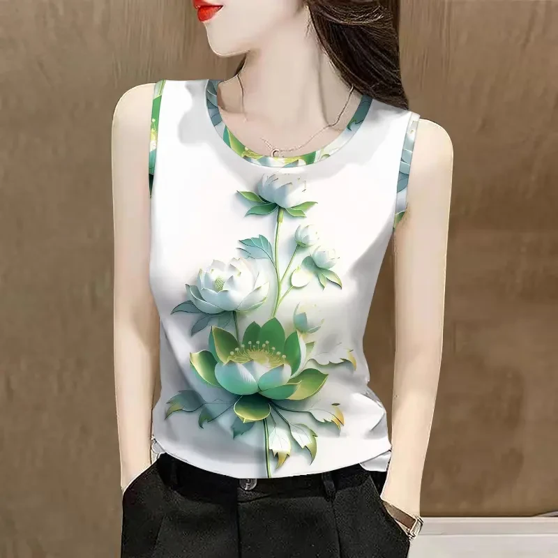 2025夏新款修身减龄遮肚妈妈装背心吊带通勤无袖印花打底衫