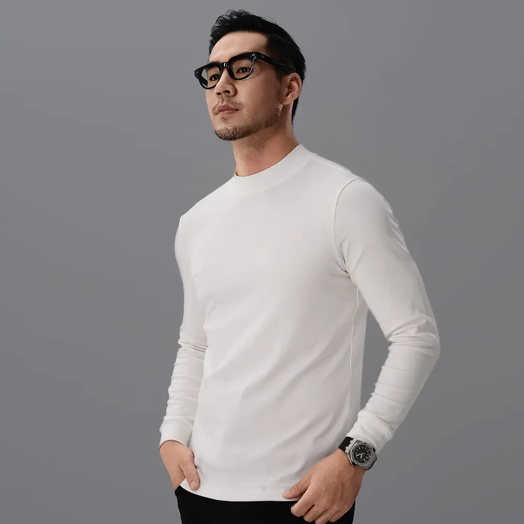 新款秋冬白色打底衫男士半高领长袖T恤百搭衣服中领修身圆领9158