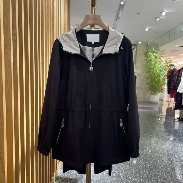 声雨竹7P404连帽短外套春秋短款女士黑色休闲宽松显瘦风衣