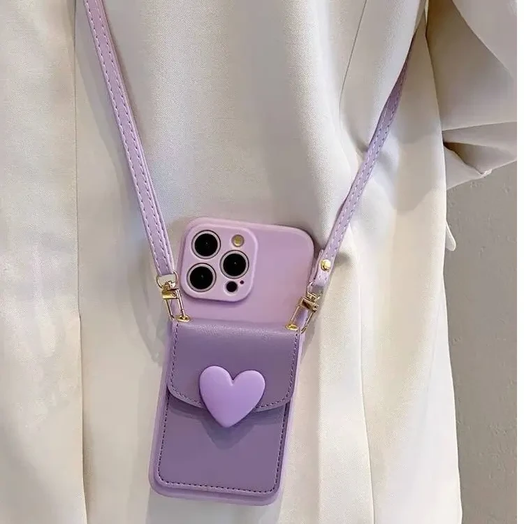 爱心翻盖插卡包适用【苹果/华为/vivo/oppo/小米】可斜挎背带手机壳