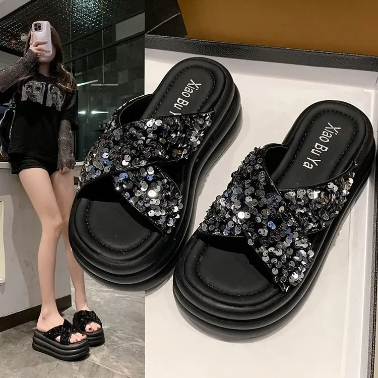 夏季厚底交叉水钻亮片时尚小个子增高休闲一字拖凉拖鞋女鞋网红