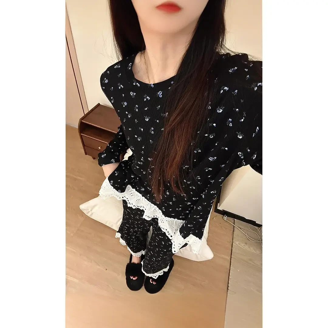 碎花印花韩版甜美少女简约睡衣女春秋2025新款长袖家居服两件套装