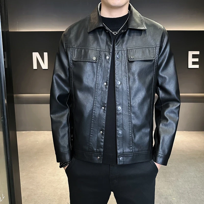 翻领皮衣男机车服2025秋季新款百搭高级感宽松皮夹克加肥加大外套