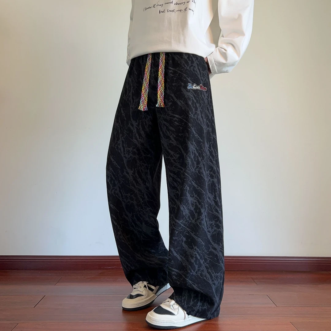 扎染高街裤子男秋季新款百搭直筒宽松潮流阔腿长裤运动男款卫裤