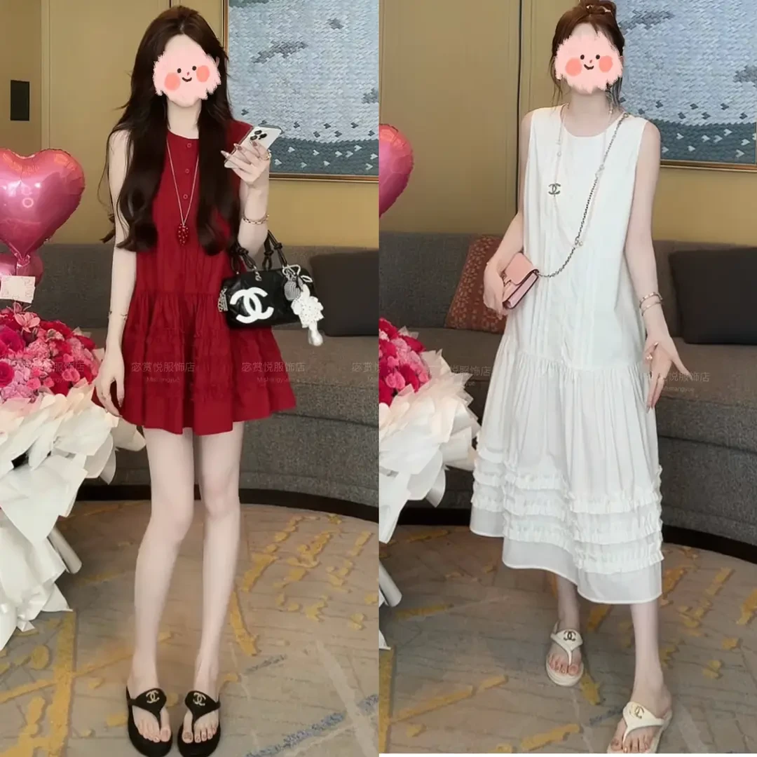 甜美可爱风格衣服2025夏季设计感木耳边无袖中长款连衣裙洋气衣服