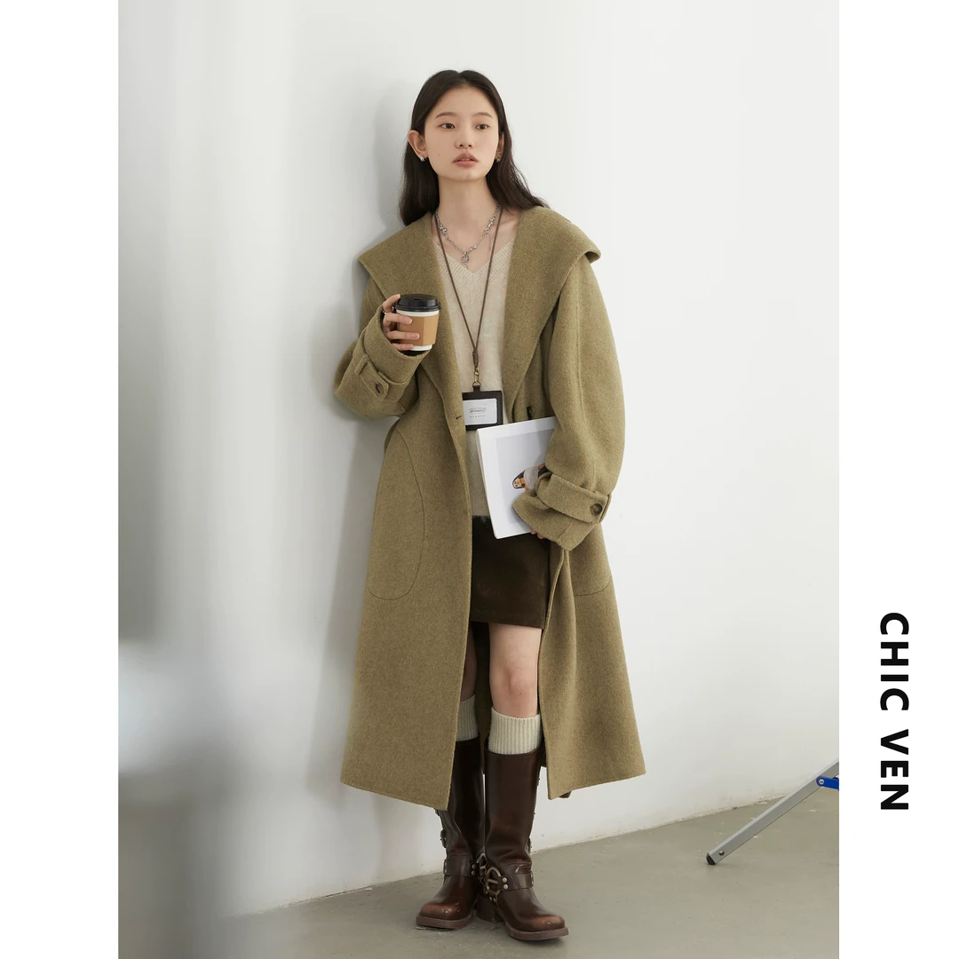 CHICVEN 冬新款高智感连帽双面毛呢大衣长款呢子外套124DW00890
