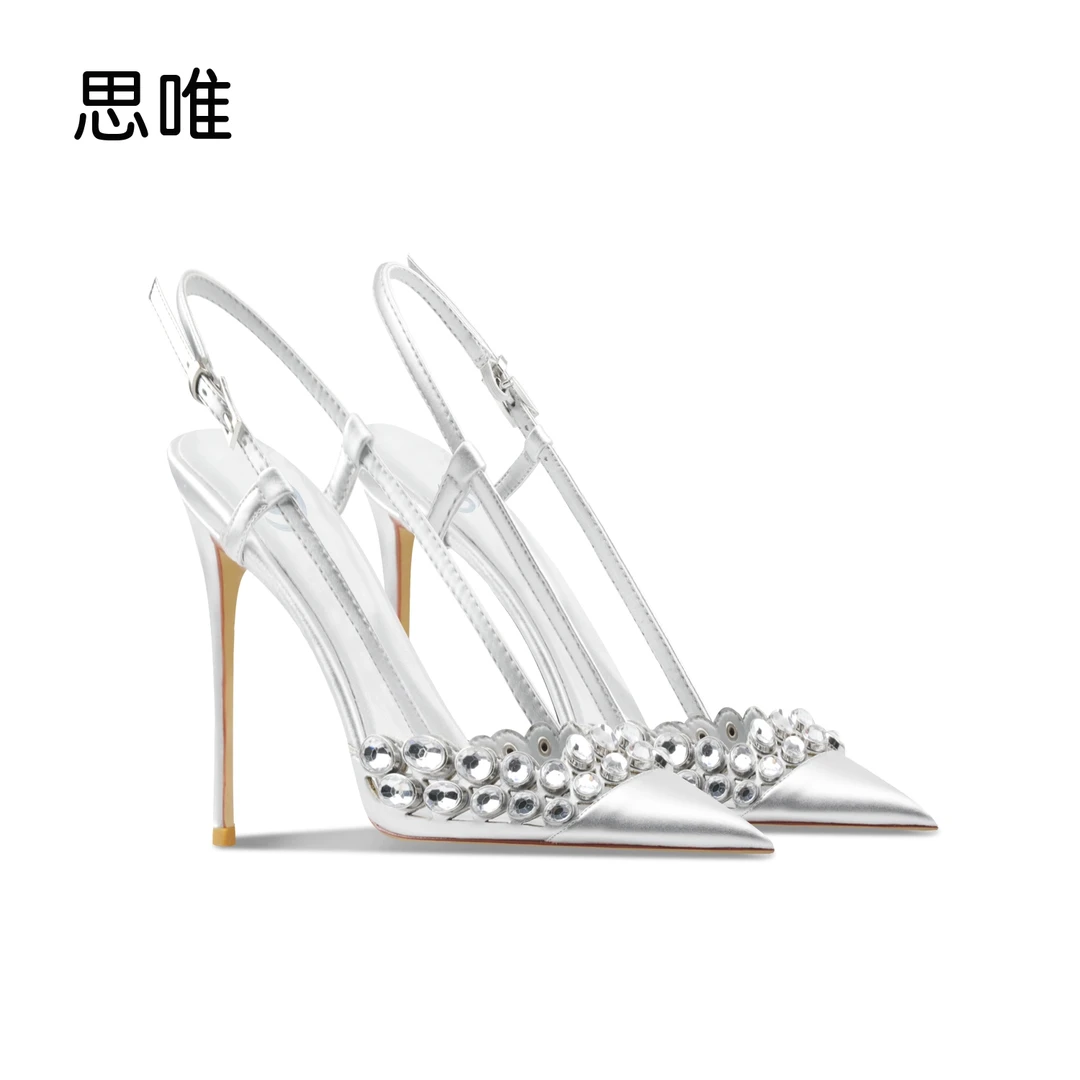 水钻银色高跟凉鞋2025年春季新款女细跟浅口尖头舒适气质性感单鞋