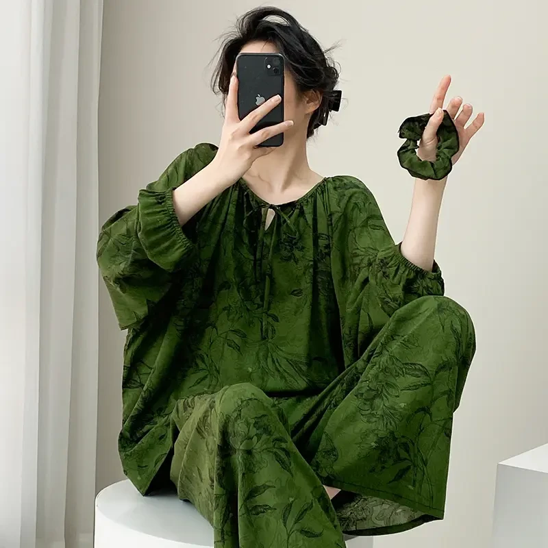 【墨色生香】2025睡衣女高级爆款棉绸春夏季睡衣女家居服宽松薄套装