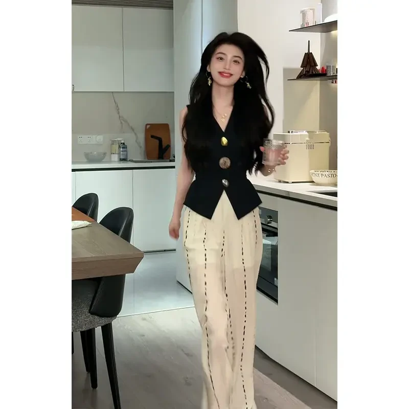 2025夏季新款女法式高级感V领无袖上衣气质高腰显瘦条纹阔腿长裤