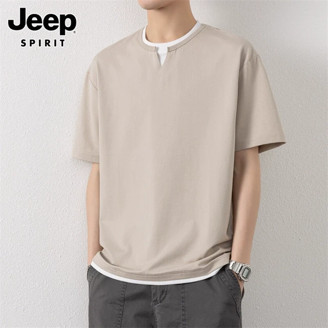 JEEPSPIRIT吉普短袖t恤男士夏季假两件宽松大码纯色圆领体恤男款