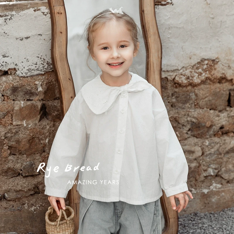 ryebread/黑面包童装 韩版女小童刺绣娃娃领纯色小衫 5春