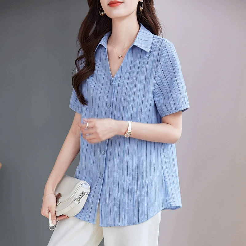中长款竖条纹衬衫女2025夏季新款翻领短袖衬衣大码宽松休闲上衣女