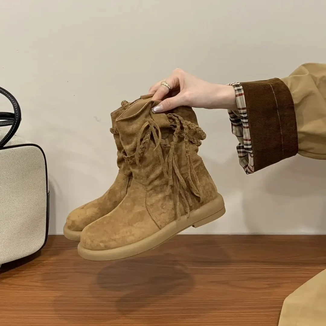 平跟短筒套筒防水胶粘欧美风棉鞋短靴英伦风圆头清仓断码时尚百搭