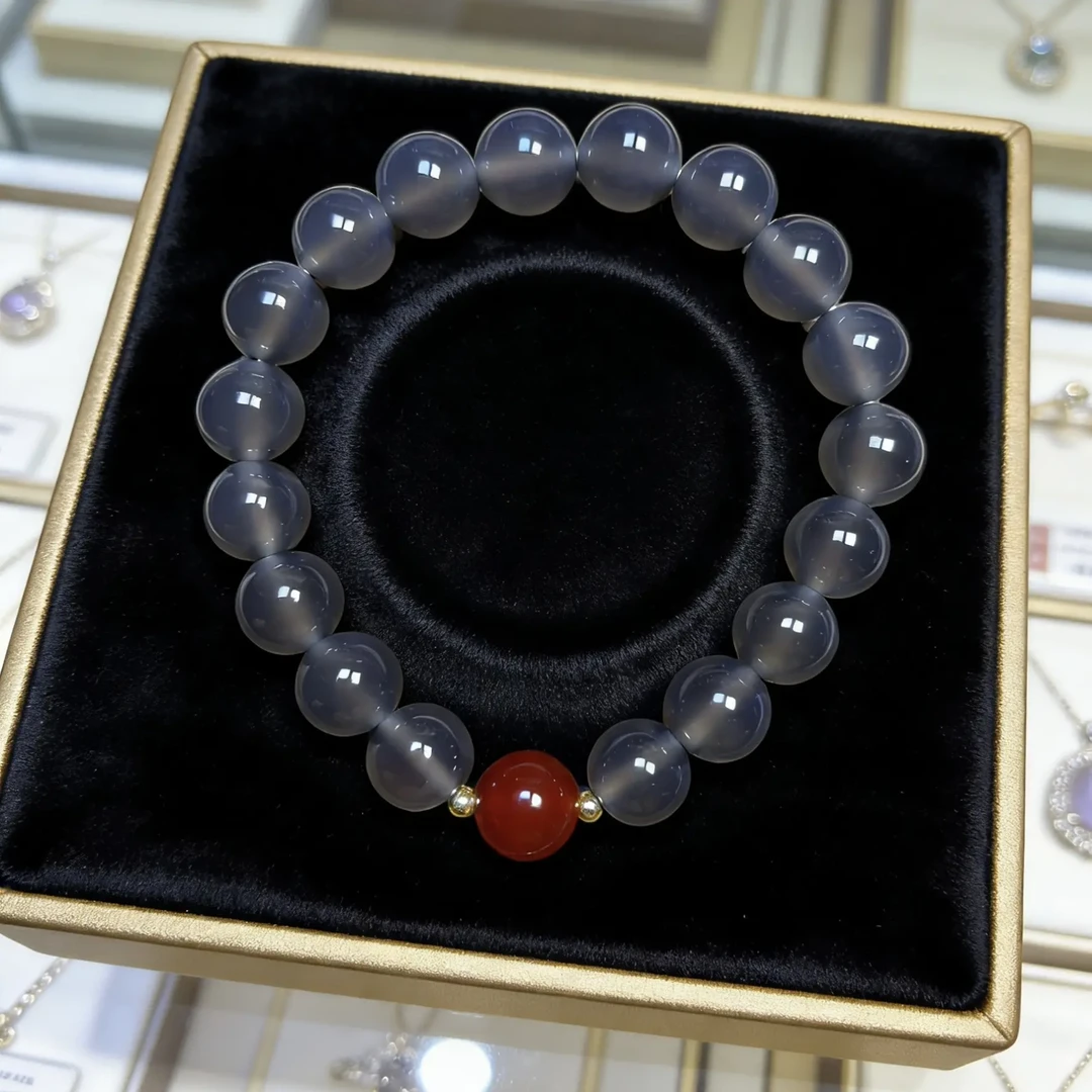 新中式天然灰玛瑙手链女款单圈手串男款手链圆珠饰品礼物送女友