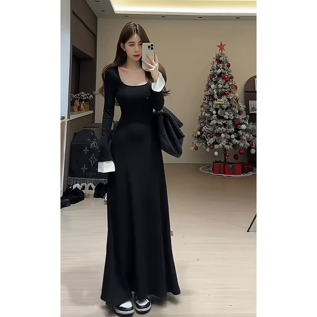 舒胡蕾 层次美学 方领针织连衣裙撞色设计显瘦气质针织长裙修身