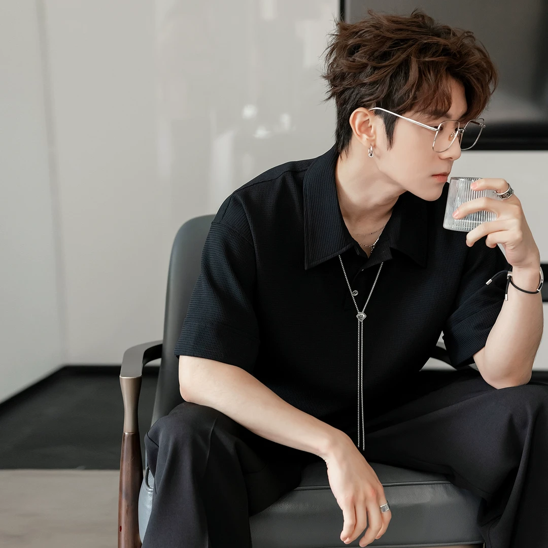 CHICERRO西西里男装重磅设计感带链条衬衫纯色短袖休闲百搭时尚潮