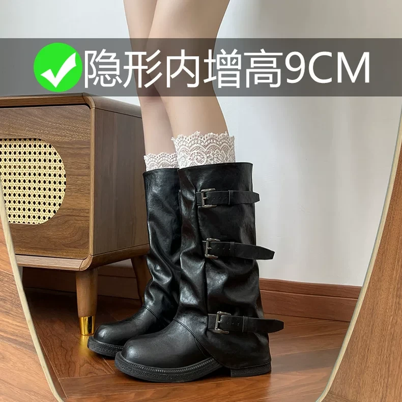 内增高皮带扣堆堆靴2025新款做旧复古西部牛仔时装长筒靴小码3334