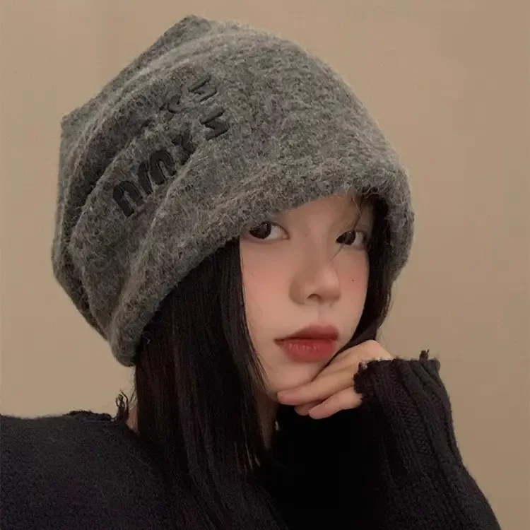 含羊毛堆堆帽女秋冬季日系百搭大头围保暖冷帽灰色显脸小包头帽子