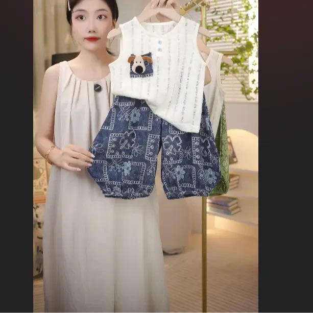 MOMOCO童装夏季新款男童洋气小狗宽松背心九分裤套装77230578542