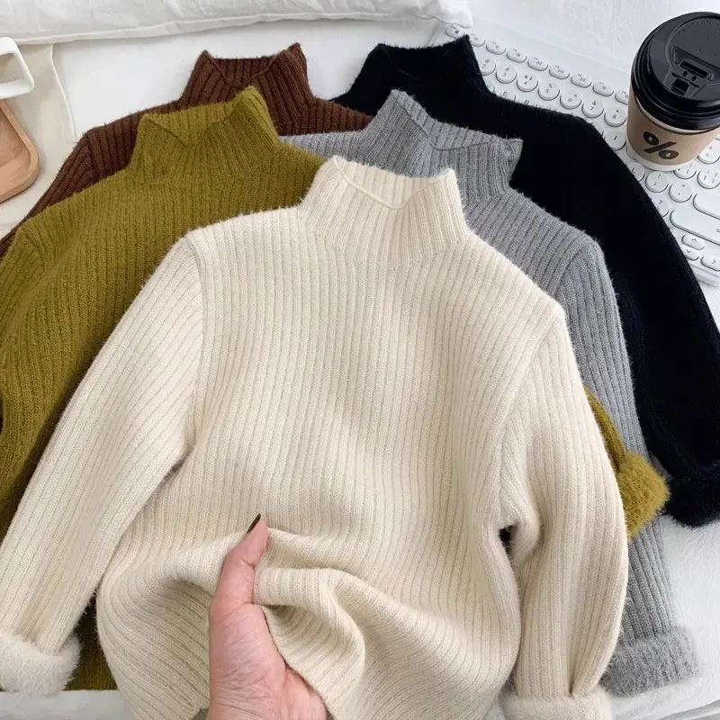 【一体绒】半高领纯色百搭儿童毛衣套头冬季洋气针织打底衫宝宝上衣