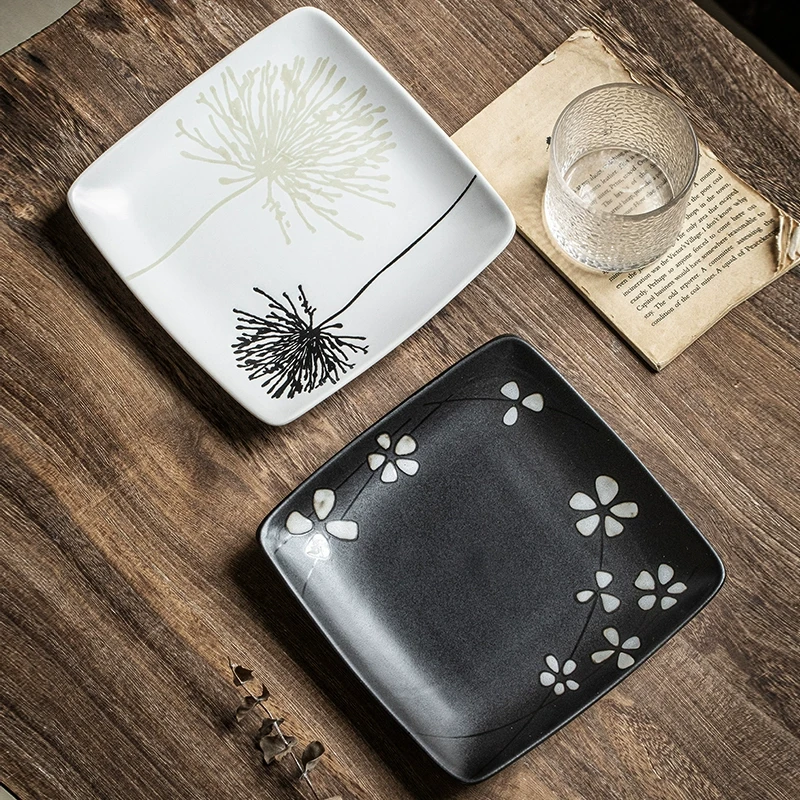 小悠家〖艺术方形盘子〗日式手绘8英寸陶瓷牛排盘甜品盘家用菜盘