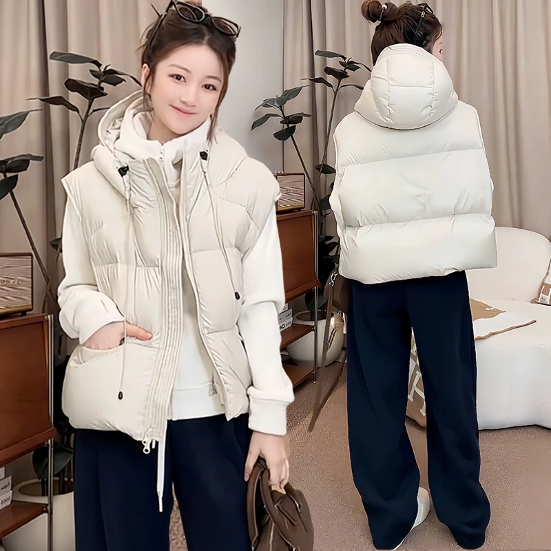 与默自制 白鸭绒连帽羽绒服马甲女短款2024冬季新款百搭背心坎肩
