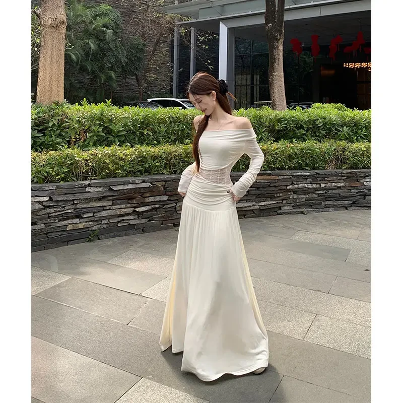 韩系穿搭套装女2025早春一字肩镂空蕾丝褶皱打底衫配高腰半身裙