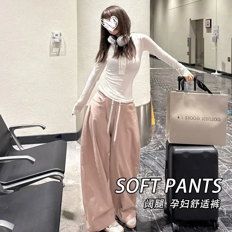 孕妇牛仔裤子夏装时髦水洗阔腿长裤夏季外穿爆款百搭抽绳裤女夏款