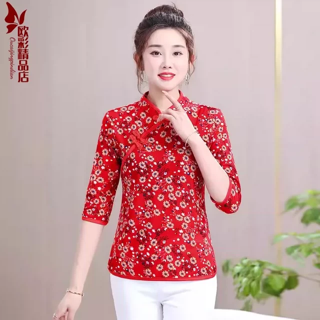 妈妈春夏季七分袖旗袍碎花上衣中式唐装50岁60中老年女中袖打底衫