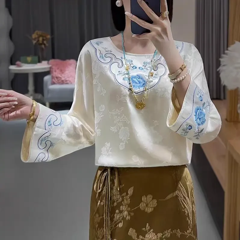 新中式唐装汉服中国风重工刺绣内搭长袖盘扣上衣春夏款