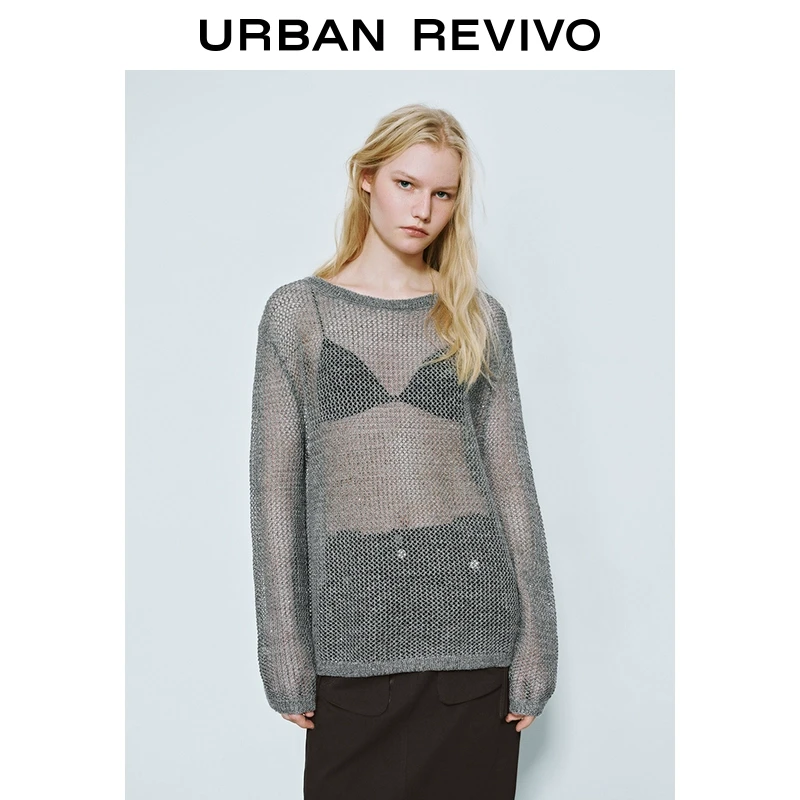 UR2025秋季新款女装休闲格雷系肌理感短款针织衫UWJ950009