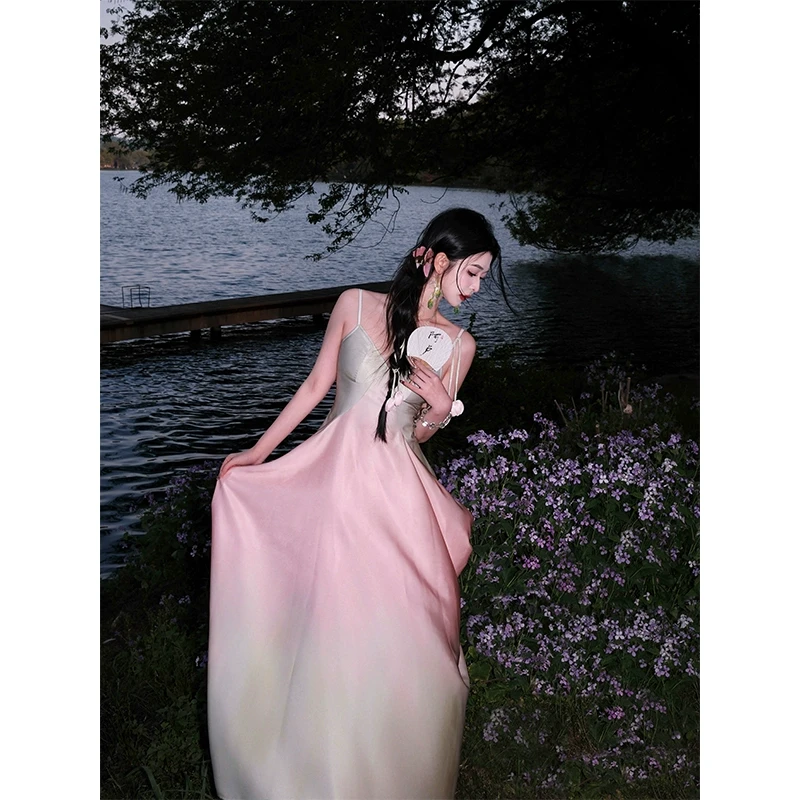 WalkinDark【落日郁金香】晕染设计感吊带连衣裙送系带