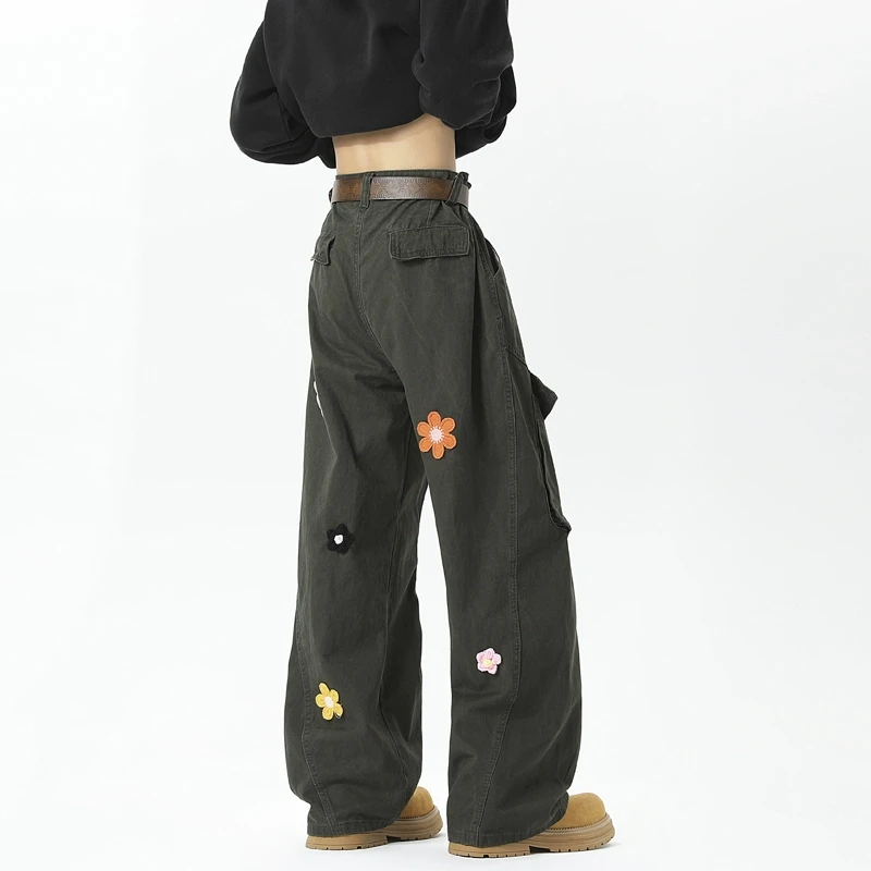 美式高街花朵刺绣多口袋工装牛仔裤男春秋慵懒风oversize直筒长裤