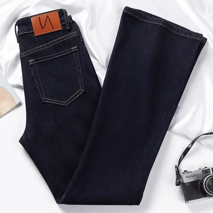 8028秋季南油高货四面弹黑金丹宁不掉色喇叭裤高腰修身高弹筒喇裤