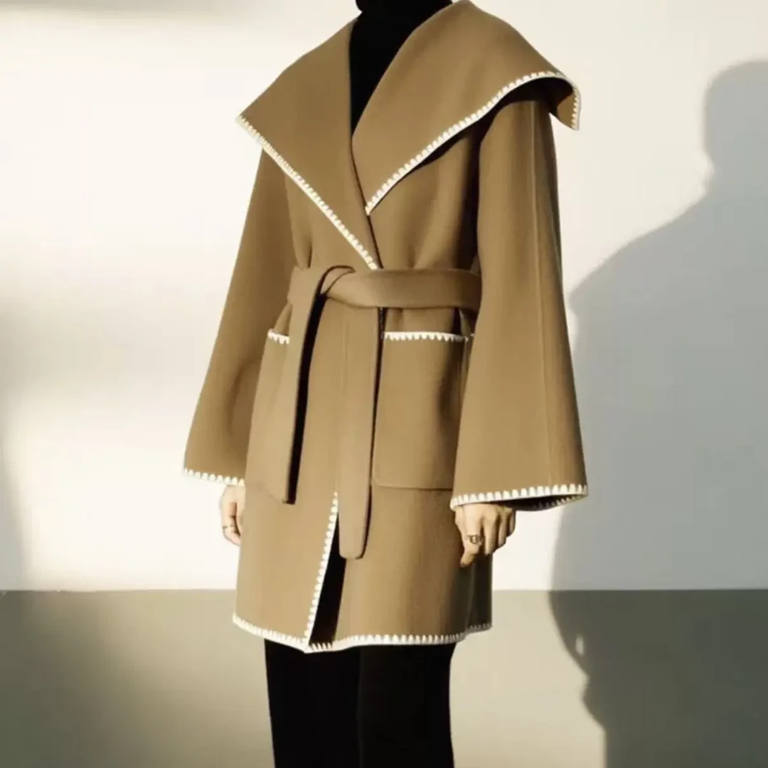 48967蒂言时尚百搭秋冬连帽中长款腰带毛呢大衣