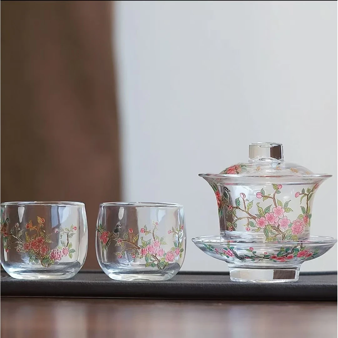 大号桃李春风大号水晶玻璃加厚耐热防烫三才盖碗泡茶碗功夫茶具