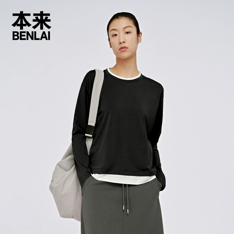 本来BENLAI2025春季新款莫代尔宽松落肩女士假两件长袖