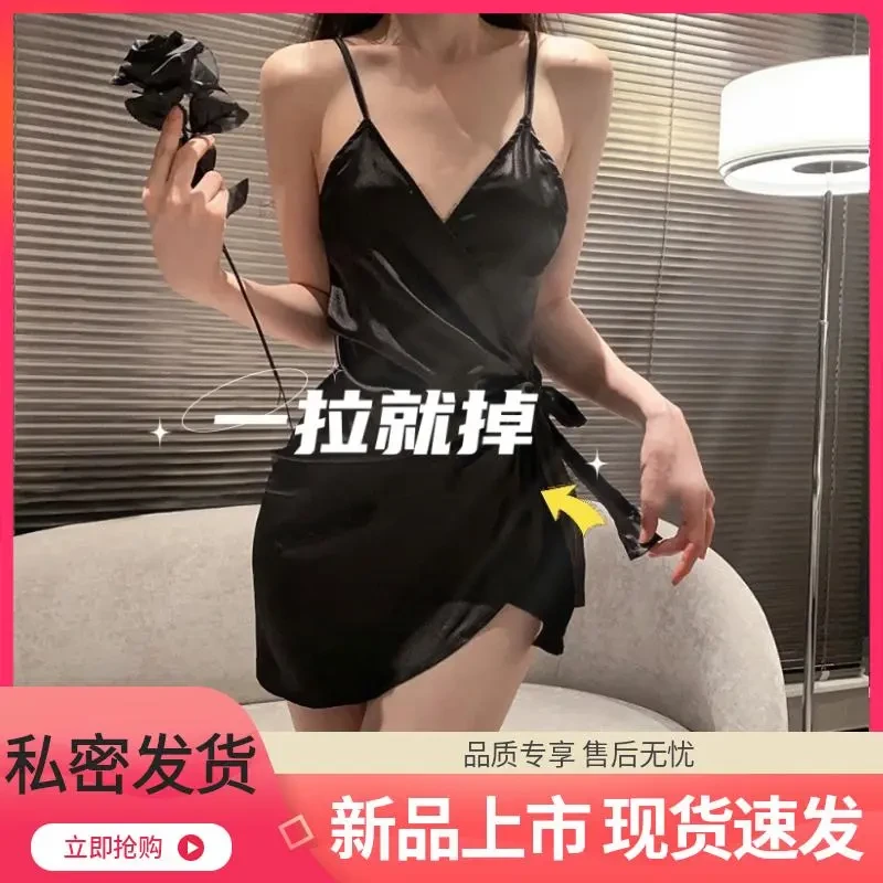 Nini免脱一片式睡衣女开襟系带纯欲轻奢睡裙2422睡裙性感纯欲风