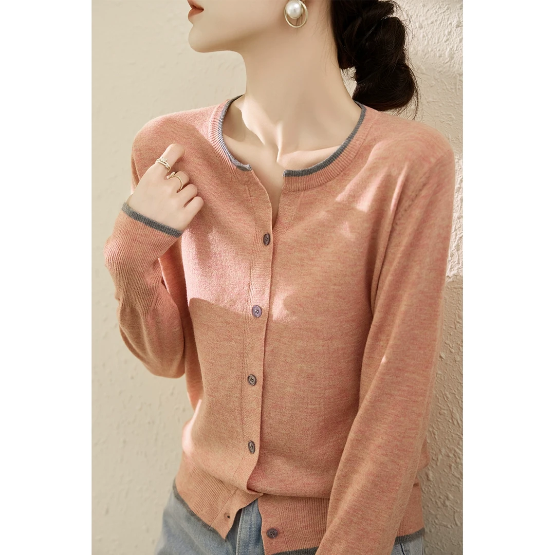 2025秋冬新款女装宽松长袖针织开衫外套拼色圆领毛衣灰色气质上衣