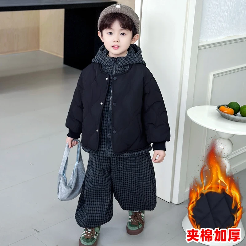 男童夹棉套装秋冬2025新款冬装男宝两件套痞帅炸街儿童假两件棉服