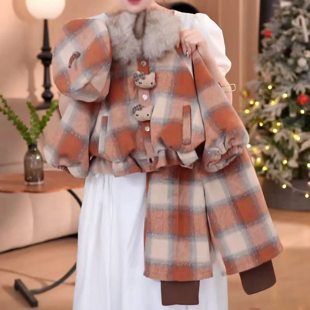 女童格子小香风呢子加绒套装2025新款冬装加厚外套假两件阔腿裤潮