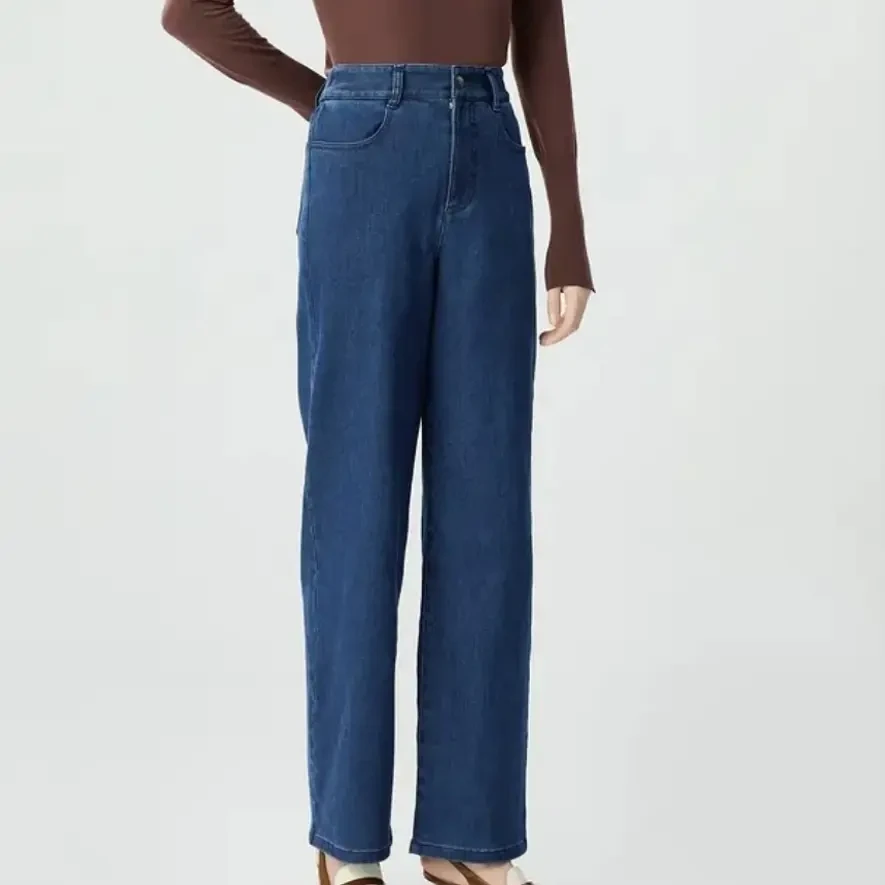 新款秋冬加绒百搭垂感高腰直筒显瘦香蕉牛仔裤