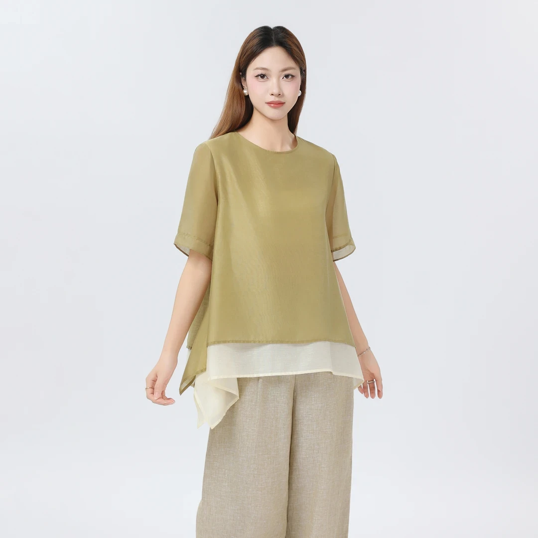 GIRDEAR/哥弟夏季薄款新中式宽松显瘦文艺亚麻圆领短袖上衣130095