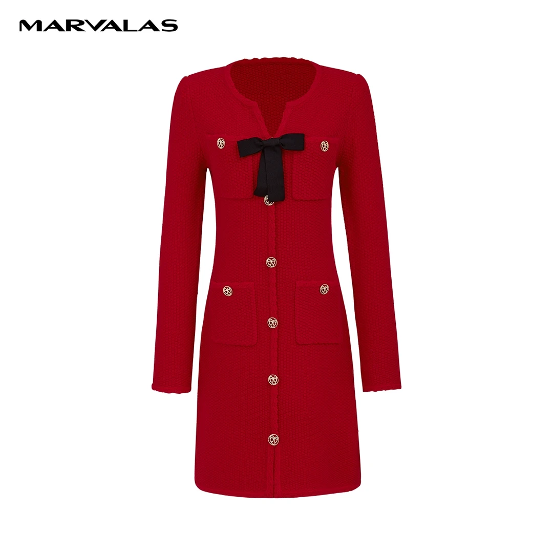 【曼德诗】春装连衣裙法式复古羊毛针织中裙女士过年衣服M538308984