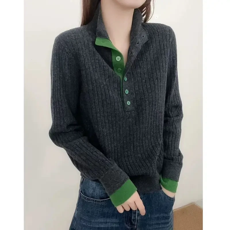 【超细绵羊毛】冬季新款半高领假两件袖口撞色针织衫百搭打底毛衣女