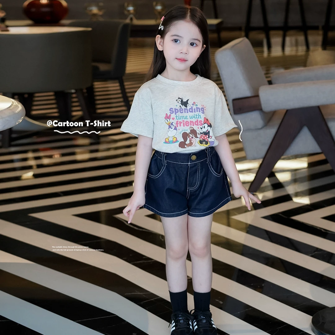 AnnieGirl卡通可爱圆领优质棉T恤女童夏季新款2025短袖上衣韩版