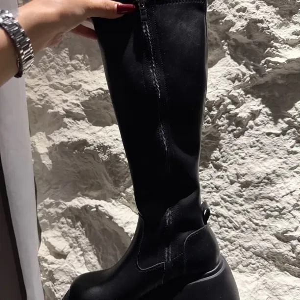 宽筒阔口靴子骑士百搭时装靴厚底高筒靴圆头长靴长筒