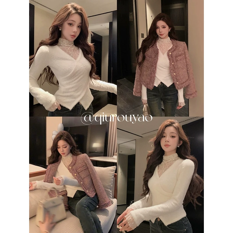 【QIUROUYAO邱肉瑶】重构蕾丝定义*仿水貂毛绒感双色上衣