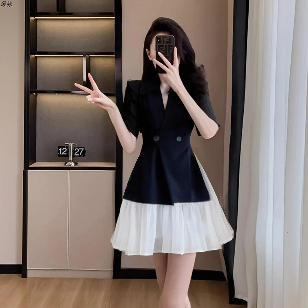 有里布气质名媛轻熟风两件套收腰显瘦v领蓬蓬裙时尚套装D0728A